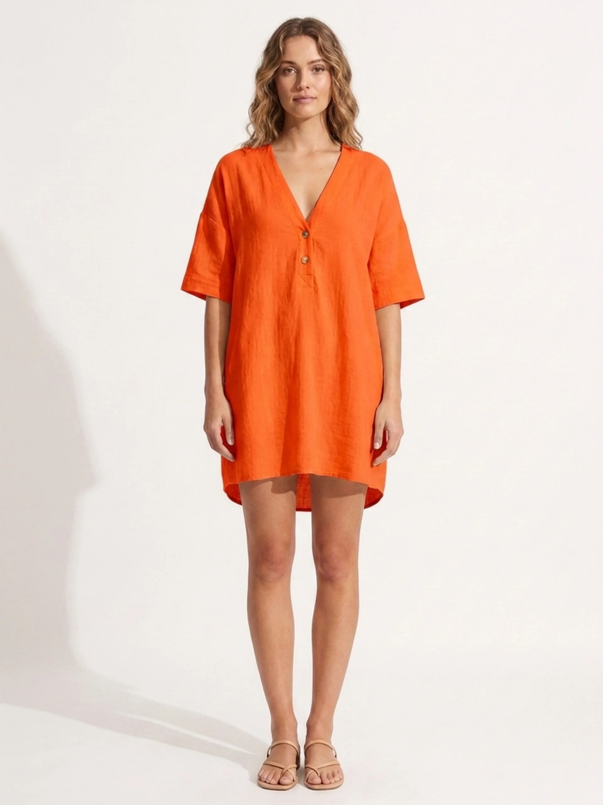 INGEBORG Women's V-Neck Linen Shift Mini Dress
