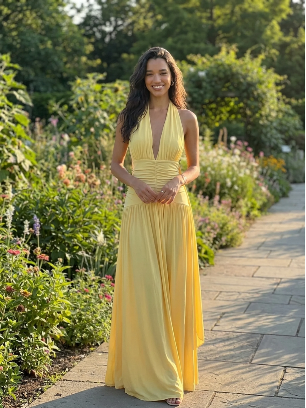 ISOLDE Women's Plunge-Neck Maxi Dress with Gathered Detailing