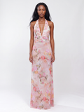 ROSALYNN Women's Floral Deep V-Neck Halter Maxi Dress