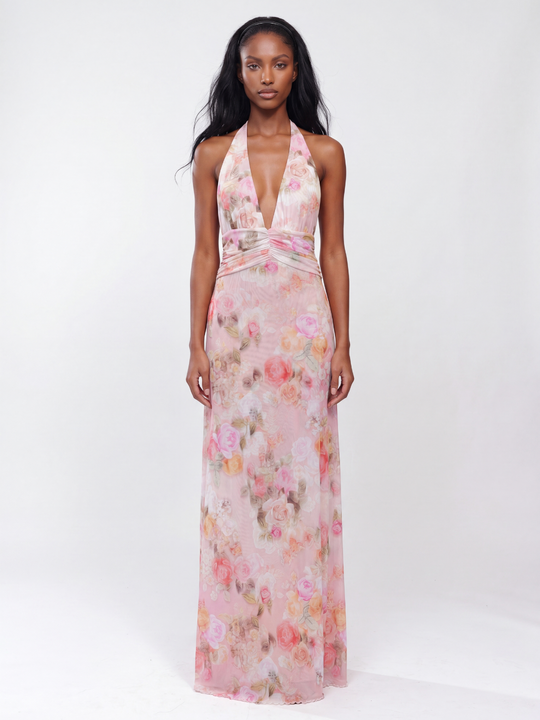 ROSALYNN Women's Floral Deep V-Neck Halter Maxi Dress