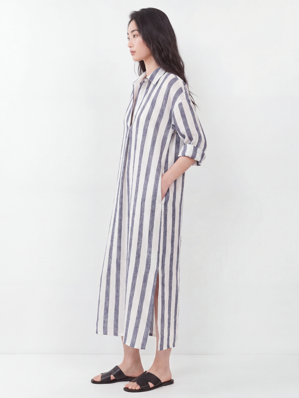 ISMAY Women's Striped Linen Long Shirt Dress