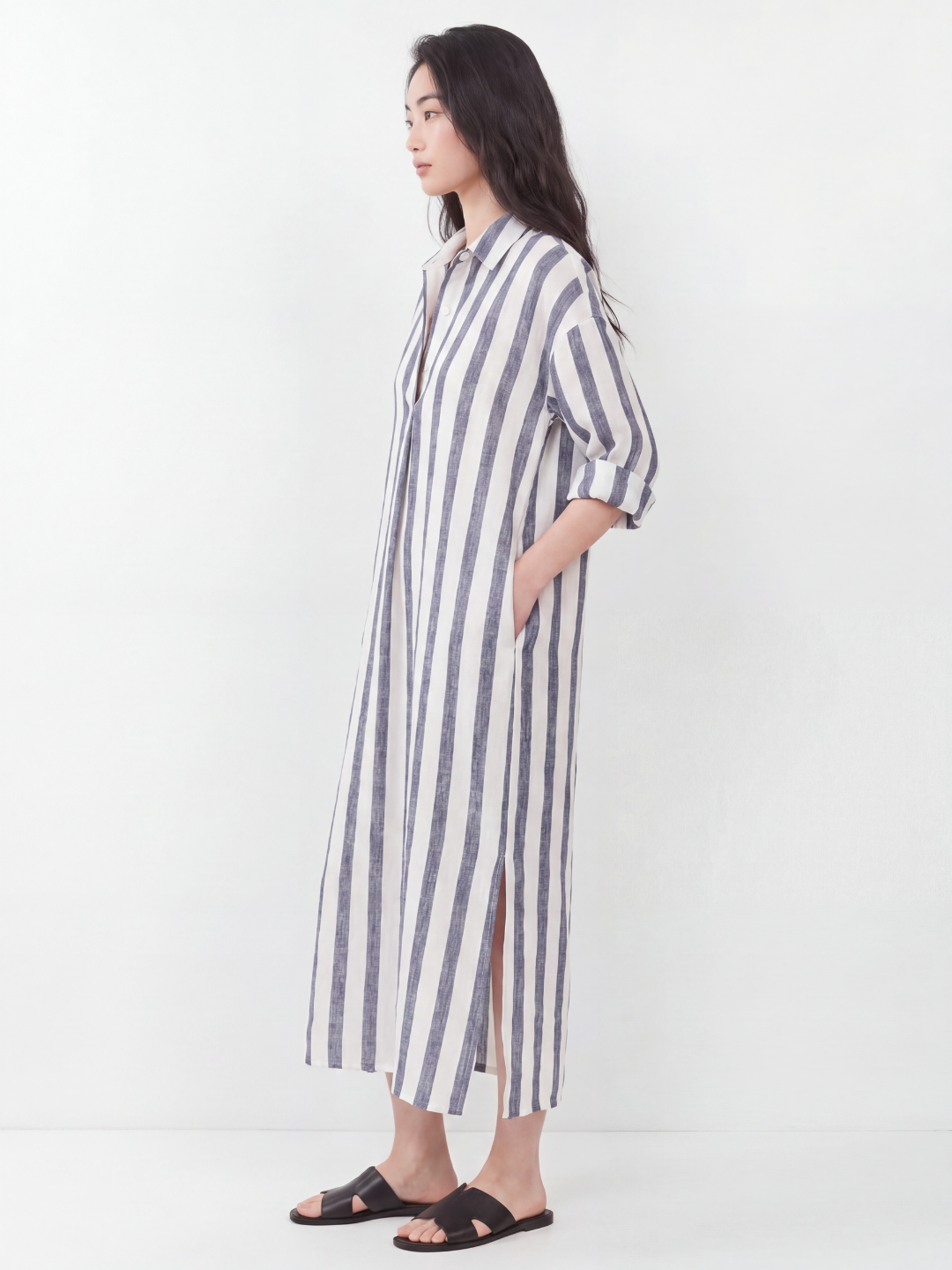 ISMAY Women's Striped Linen Long Shirt Dress