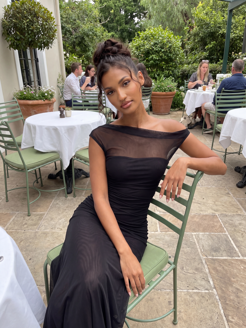 PERCEVAL Women's Asymmetric Off-Shoulder Ruched Mesh Maxi Gown