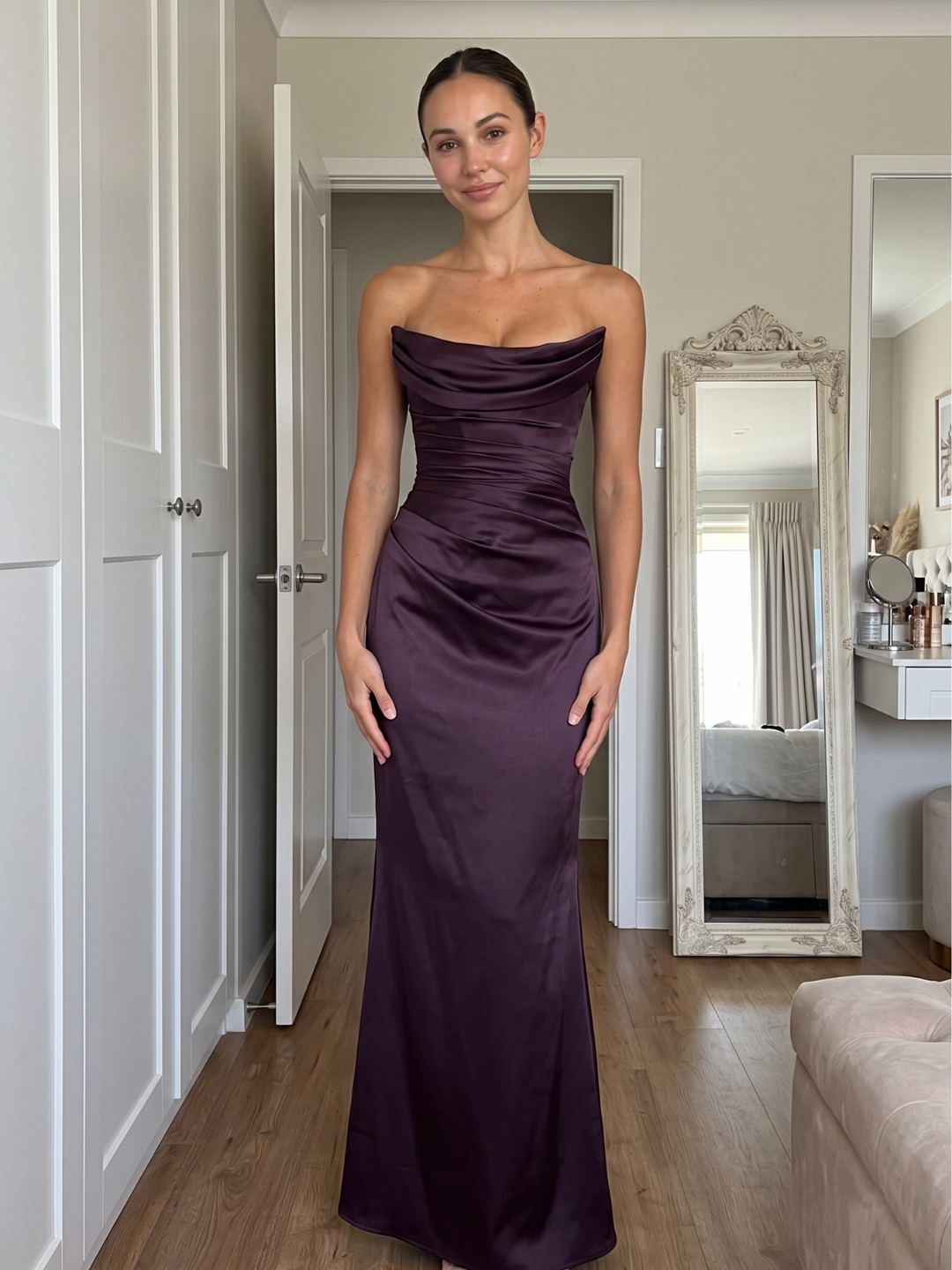 DORIELLE Women's Satin Strapless Draped Corset Maxi Dress