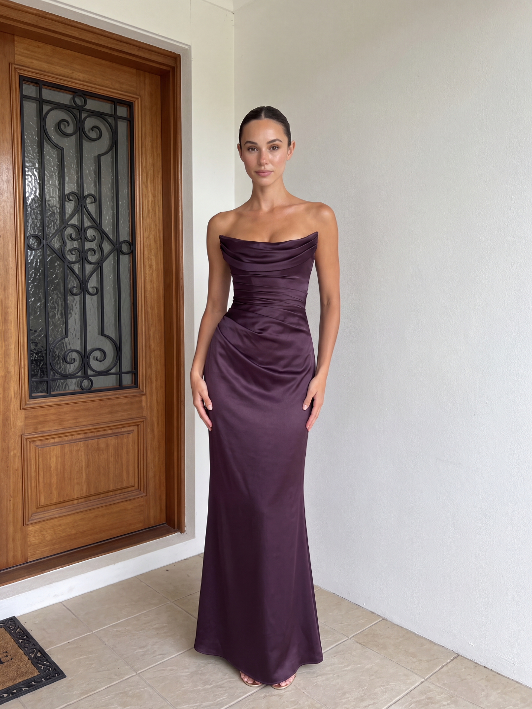 DORIELLE Women's Satin Strapless Draped Corset Maxi Dress