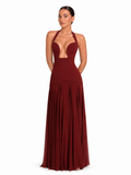 VESPERINE Women's Halter Plunge Godet Maxi Dress