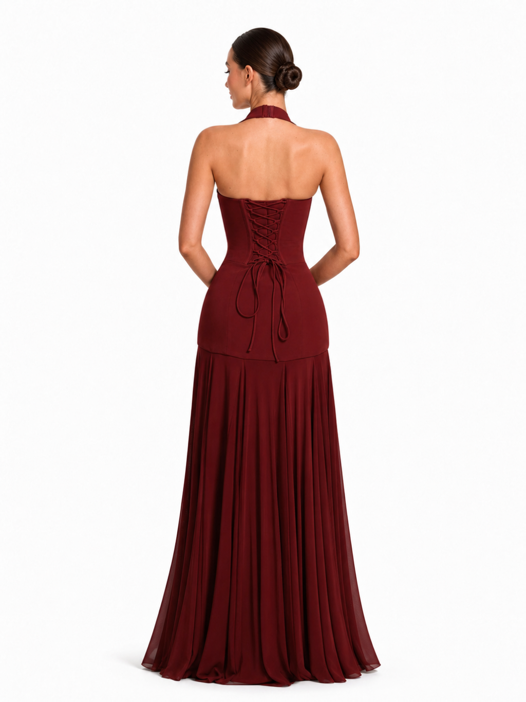 VESPERINE Women's Halter Plunge Godet Maxi Dress