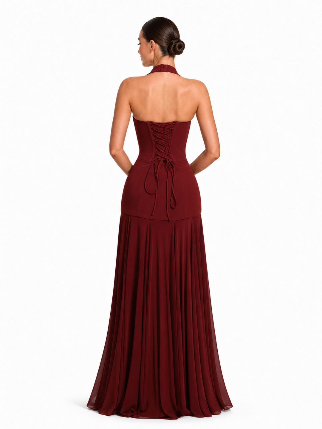 VESPERINE Women's Halter Plunge Godet Maxi Dress