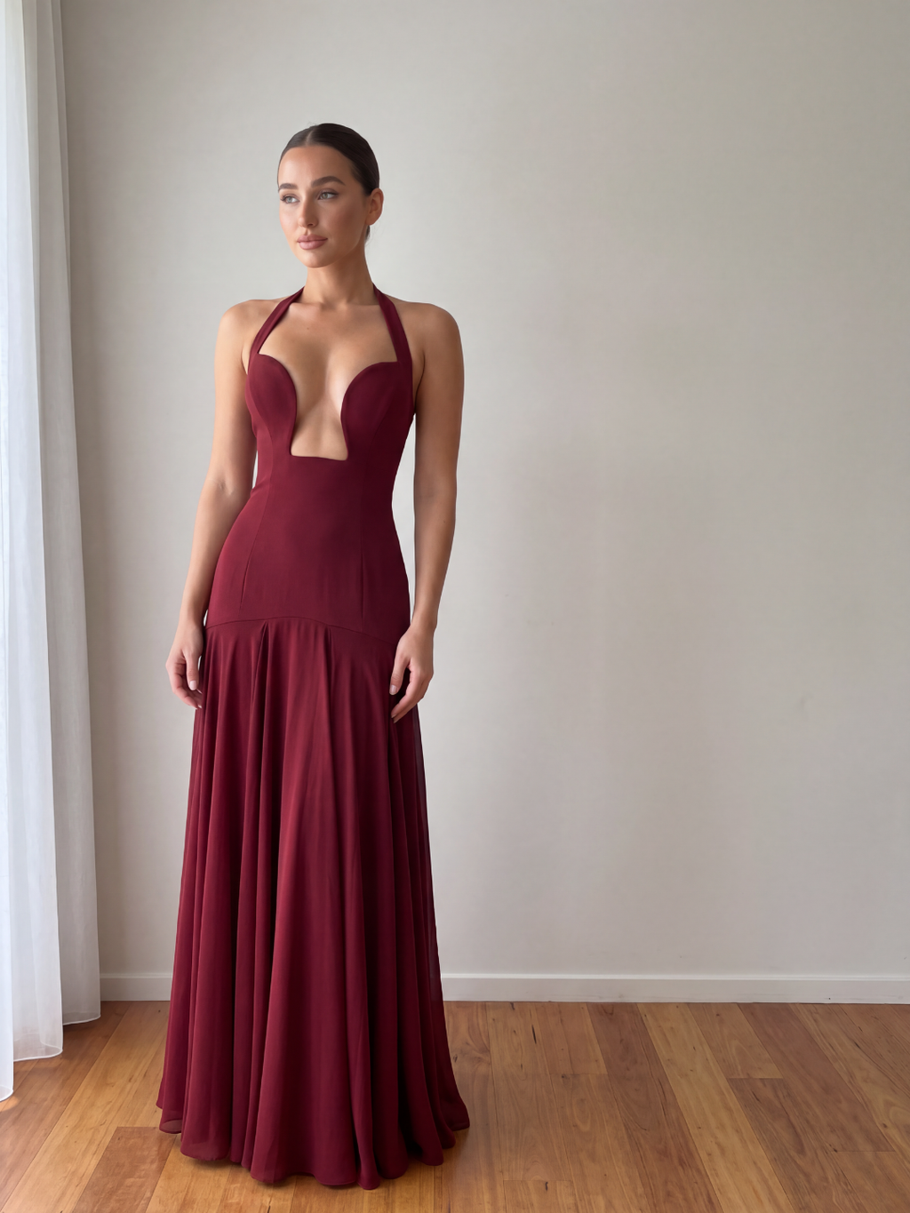 VESPERINE Women's Halter Plunge Godet Maxi Dress