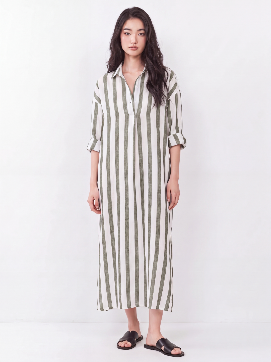 ISMAY Women's Striped Linen Long Shirt Dress