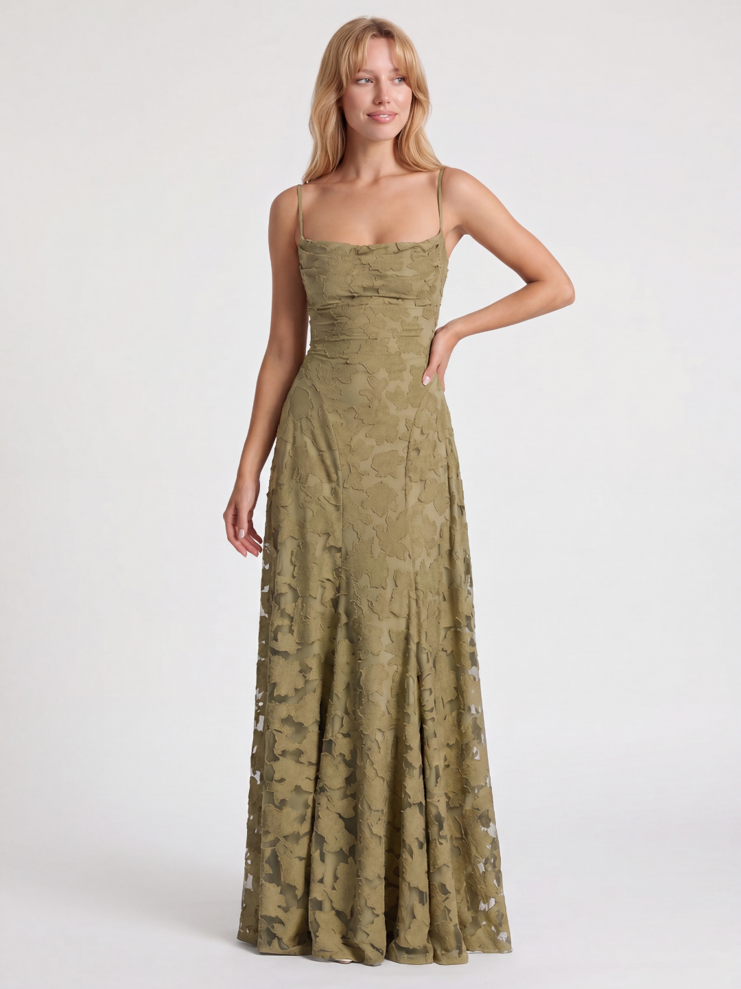 WINTERSET Women's Cowl Neck Butterfly Applique Lace-Up Maxi Dress