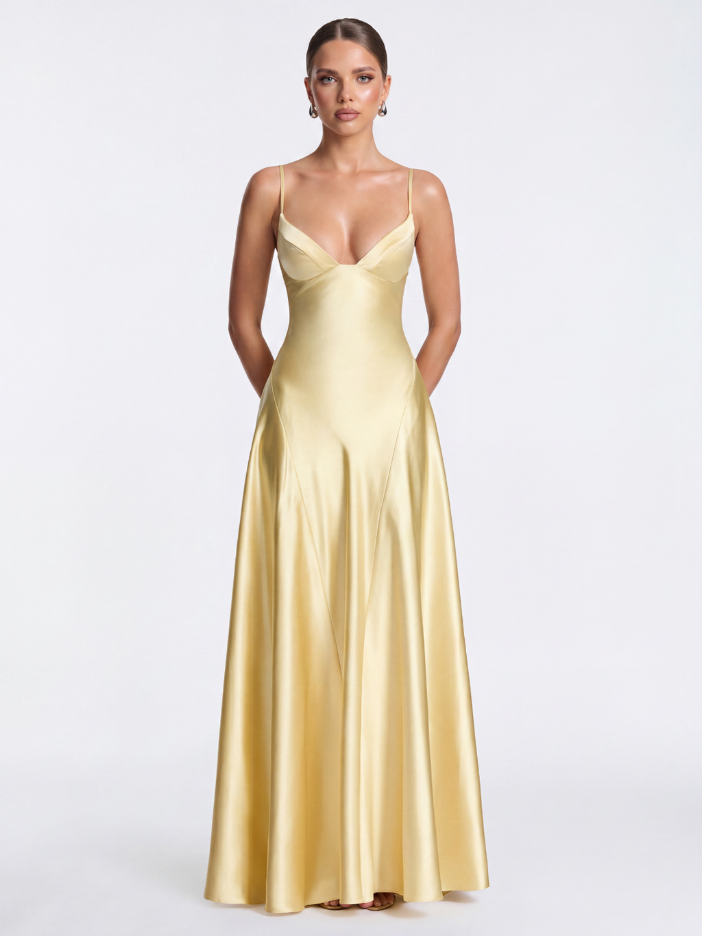 PERSIMMON Women's Satin Plunge A-Line Maxi Dress