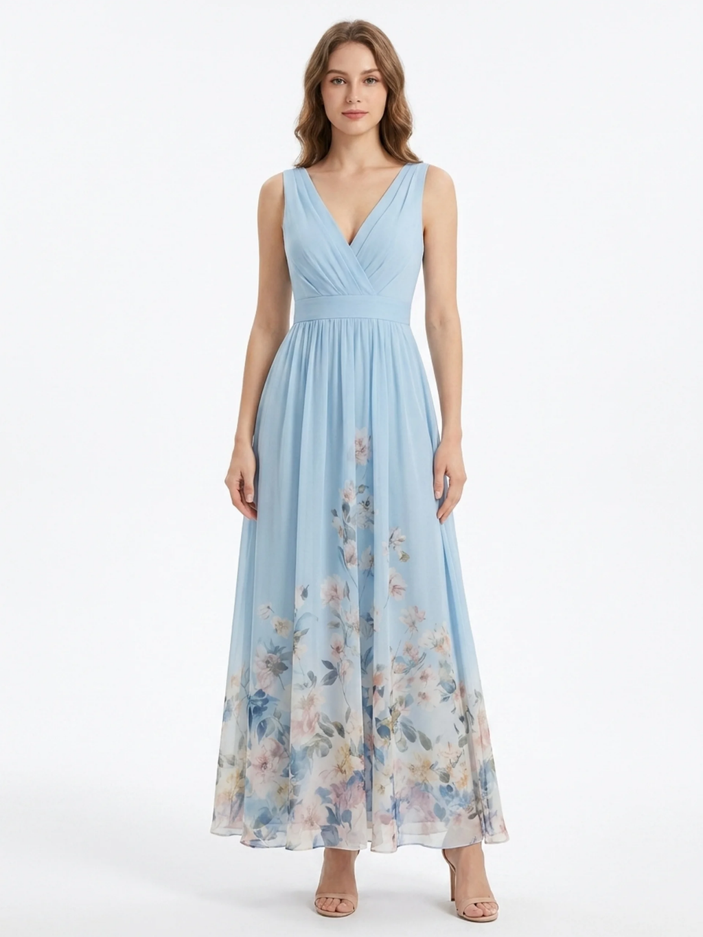 DOVIMA Women's Deep V-Neck Floral Chiffon Maxi Dress