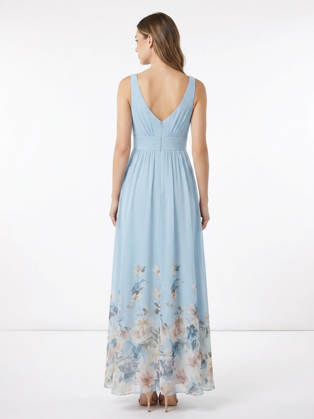 DOVIMA Women's Deep V-Neck Floral Chiffon Maxi Dress
