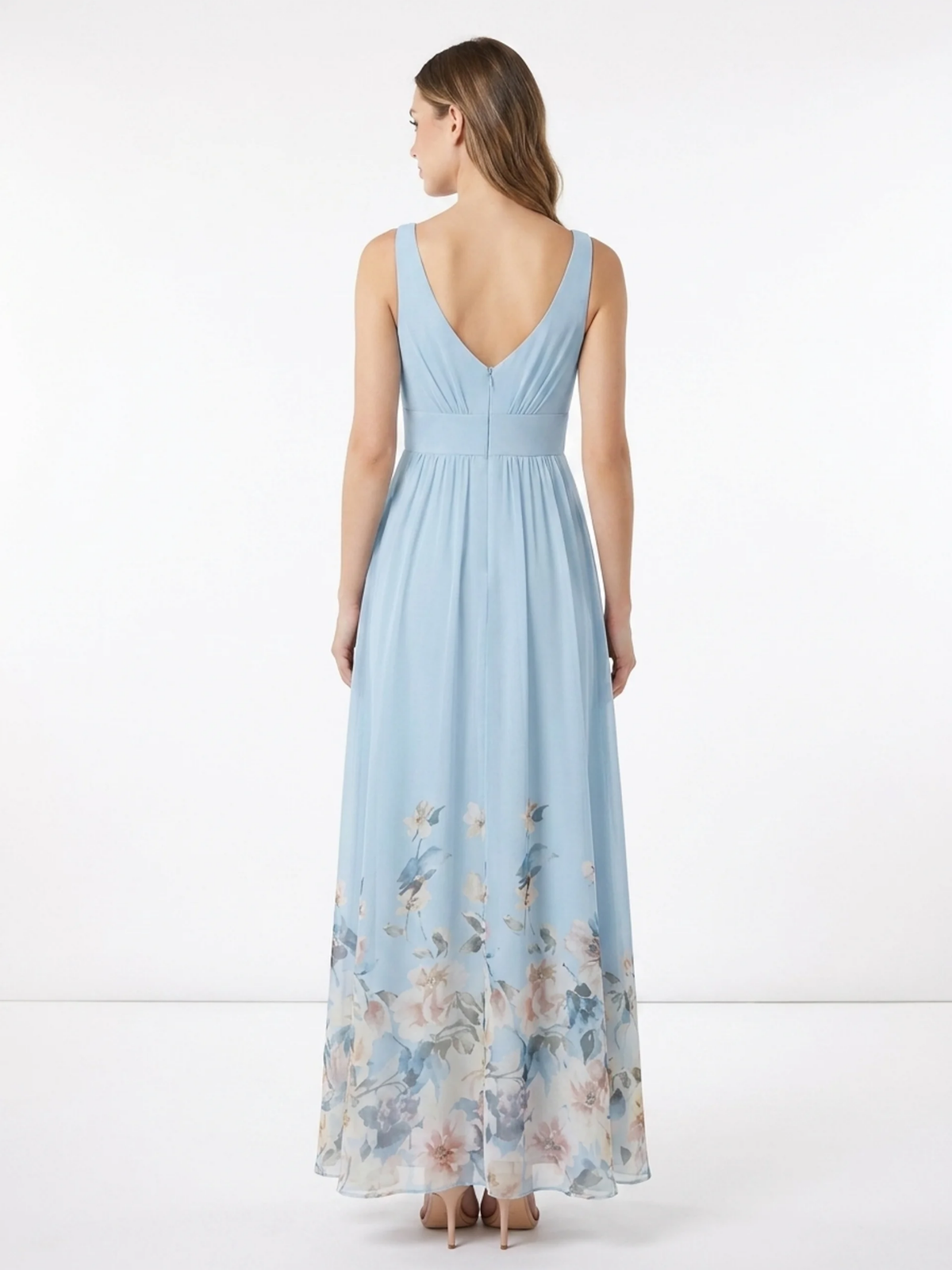 DOVIMA Women's Deep V-Neck Floral Chiffon Maxi Dress