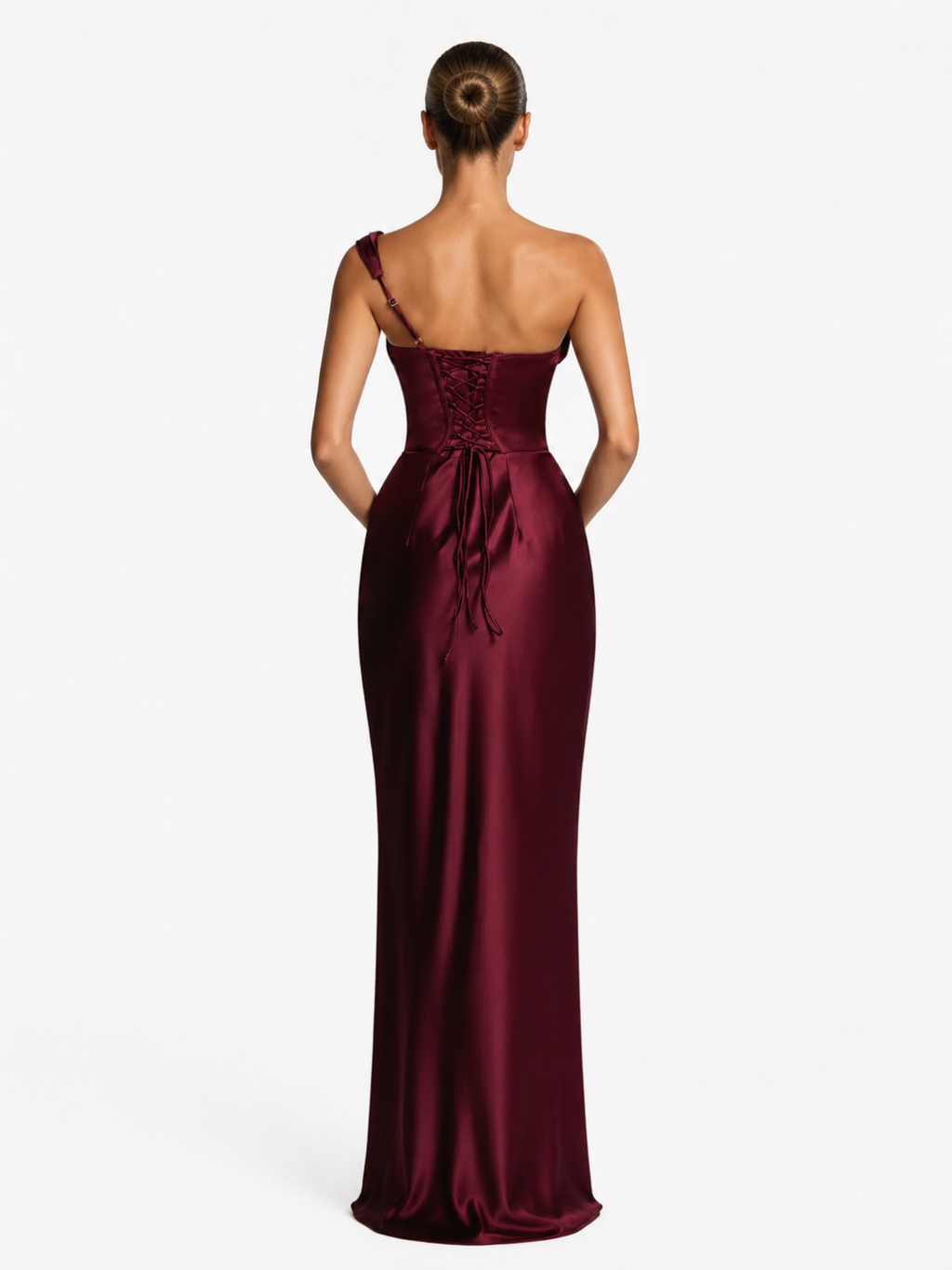 UMA Women's Satin One-Shoulder Draped Corset Maxi Dress