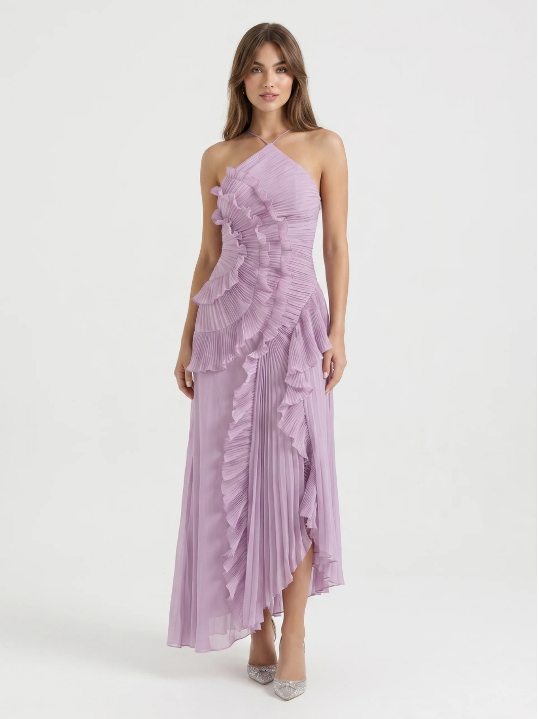 YOLINA Women's Pleated Asymmetric Ruffle Maxi Dress