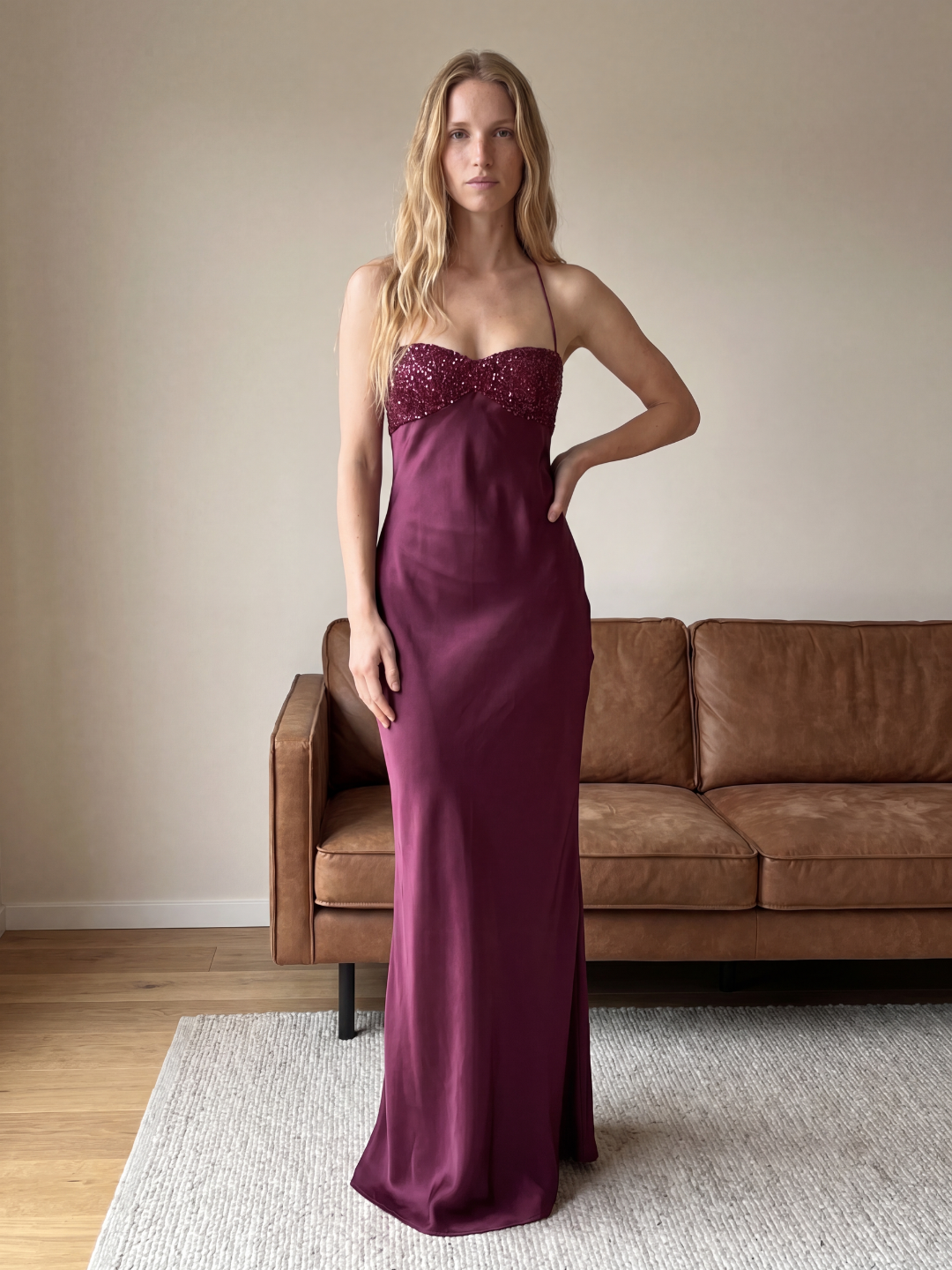 MARABEL Women's Sequin Sweetheart Satin Maxi Dress with Lace-Up Back