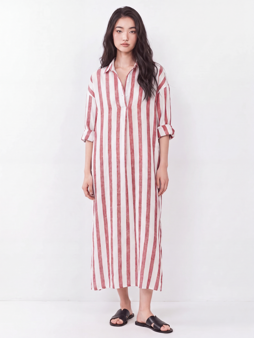 ISMAY Women's Striped Linen Long Shirt Dress