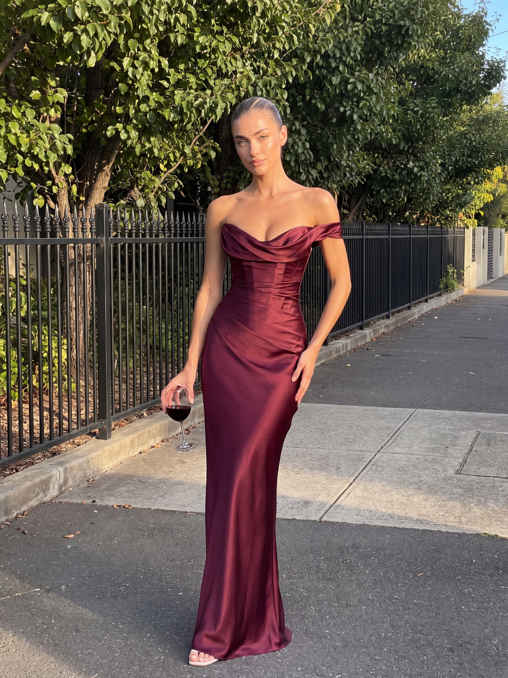 UMA Women's Satin One-Shoulder Draped Corset Maxi Dress