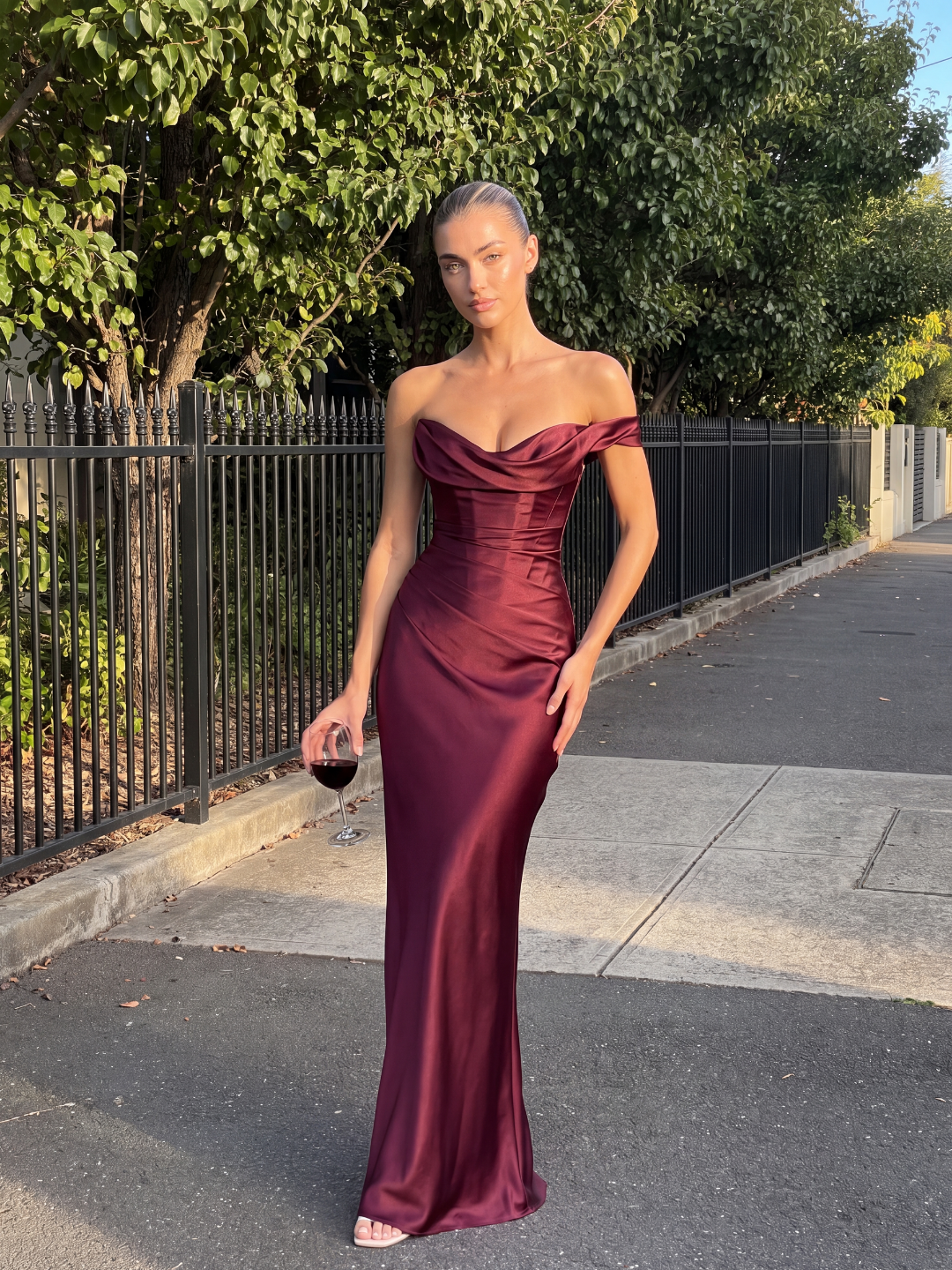 UMA Women's Satin One-Shoulder Draped Corset Maxi Dress