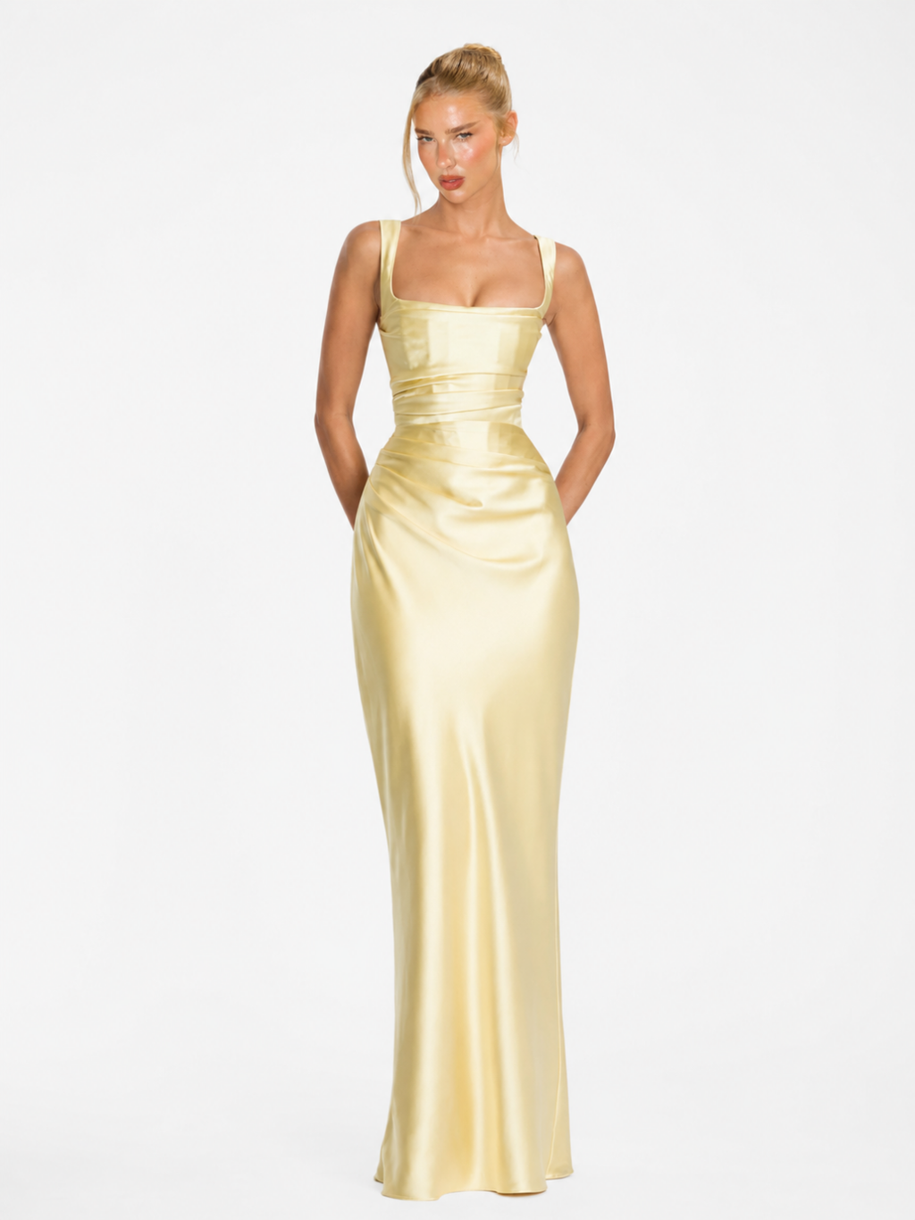 SOLMARIE Women's Satin Square-Neck Pleated Corset Maxi Dress