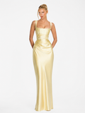 SOLMARIE Women's Satin Square-Neck Pleated Corset Maxi Dress