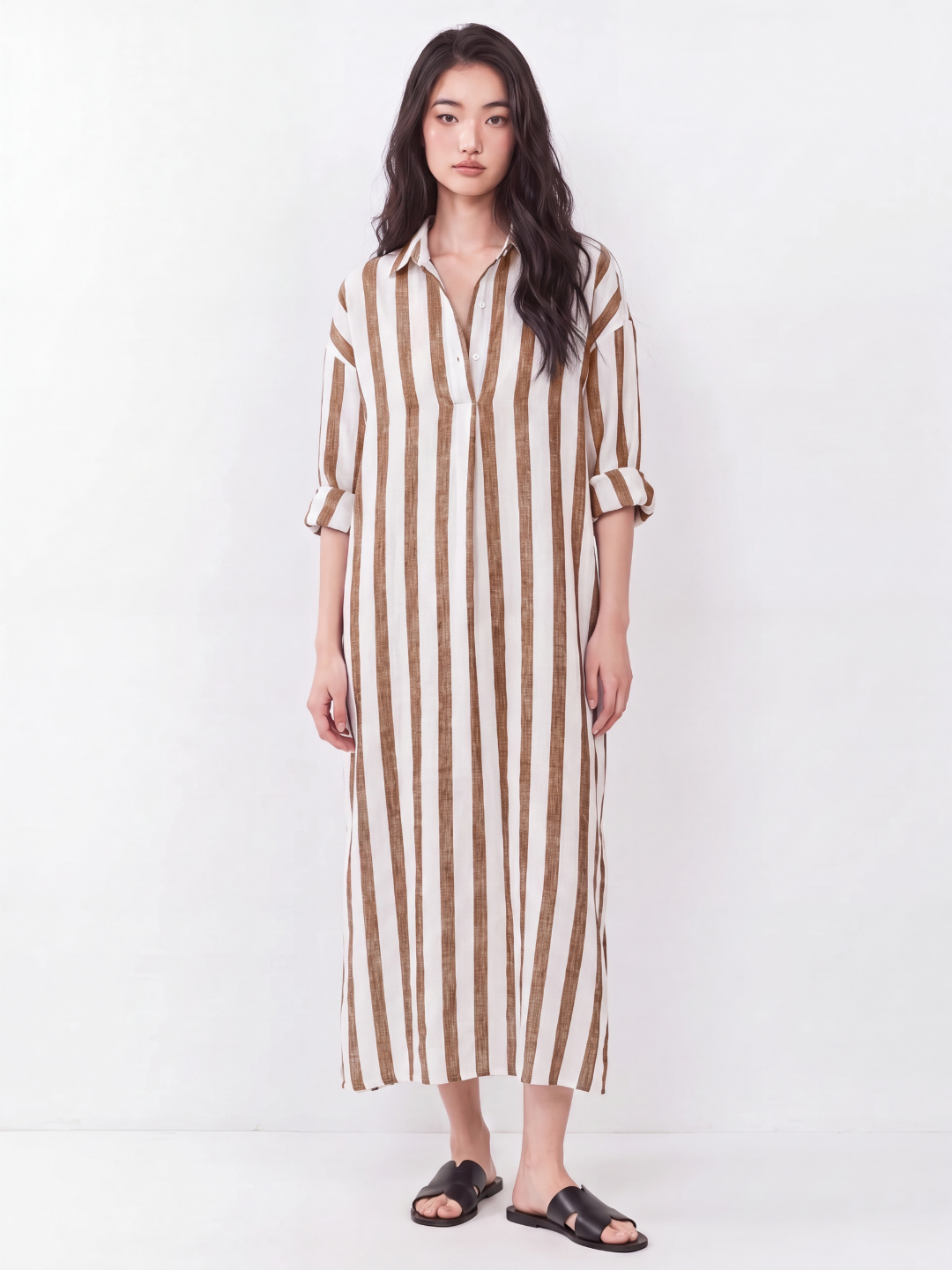 ISMAY Women's Striped Linen Long Shirt Dress
