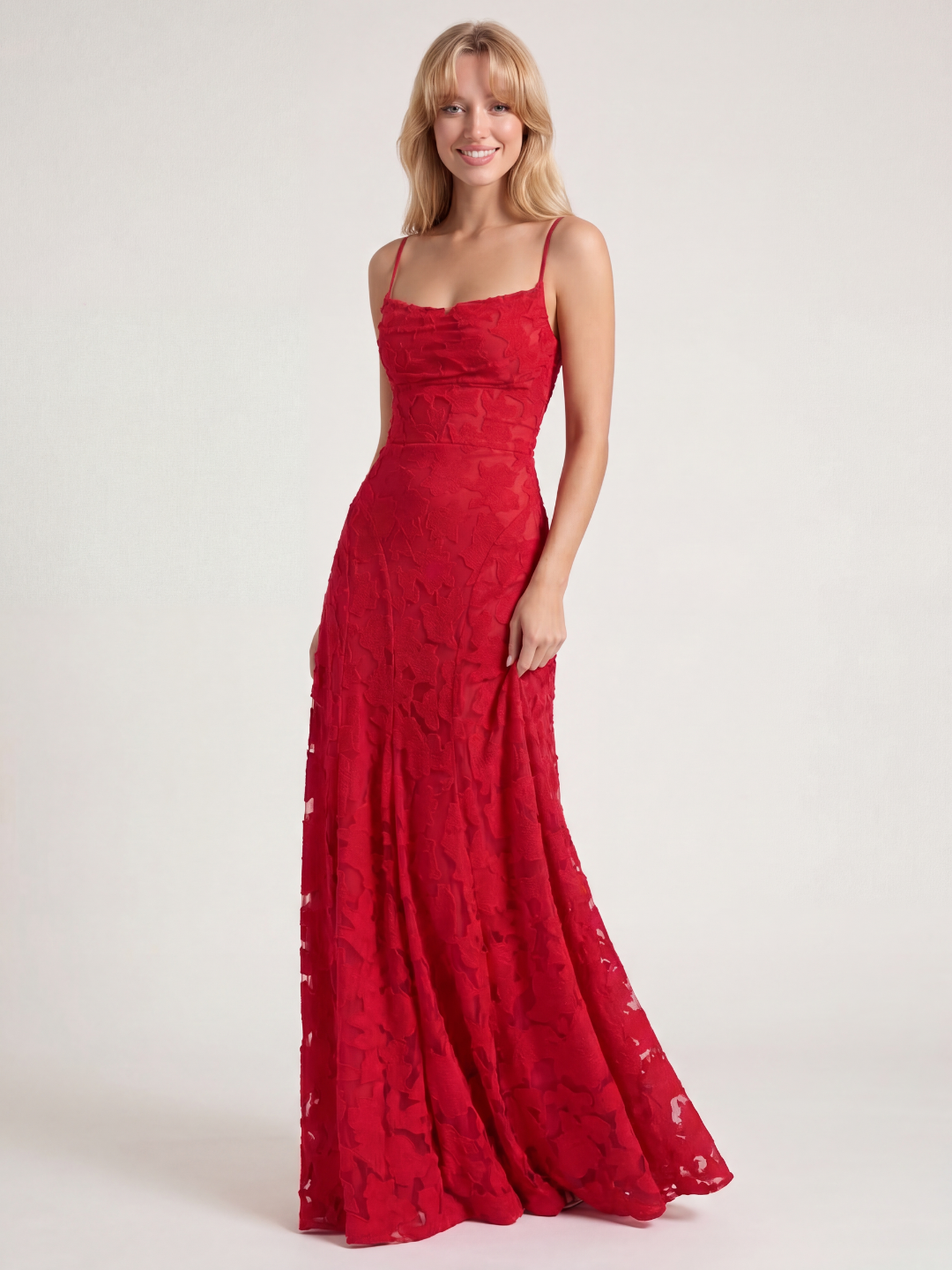 WINTERSET Women's Cowl Neck Butterfly Applique Lace-Up Maxi Dress