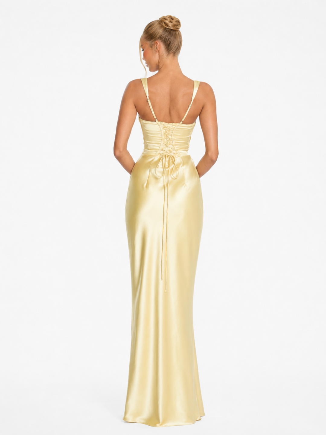 SOLMARIE Women's Satin Square-Neck Pleated Corset Maxi Dress