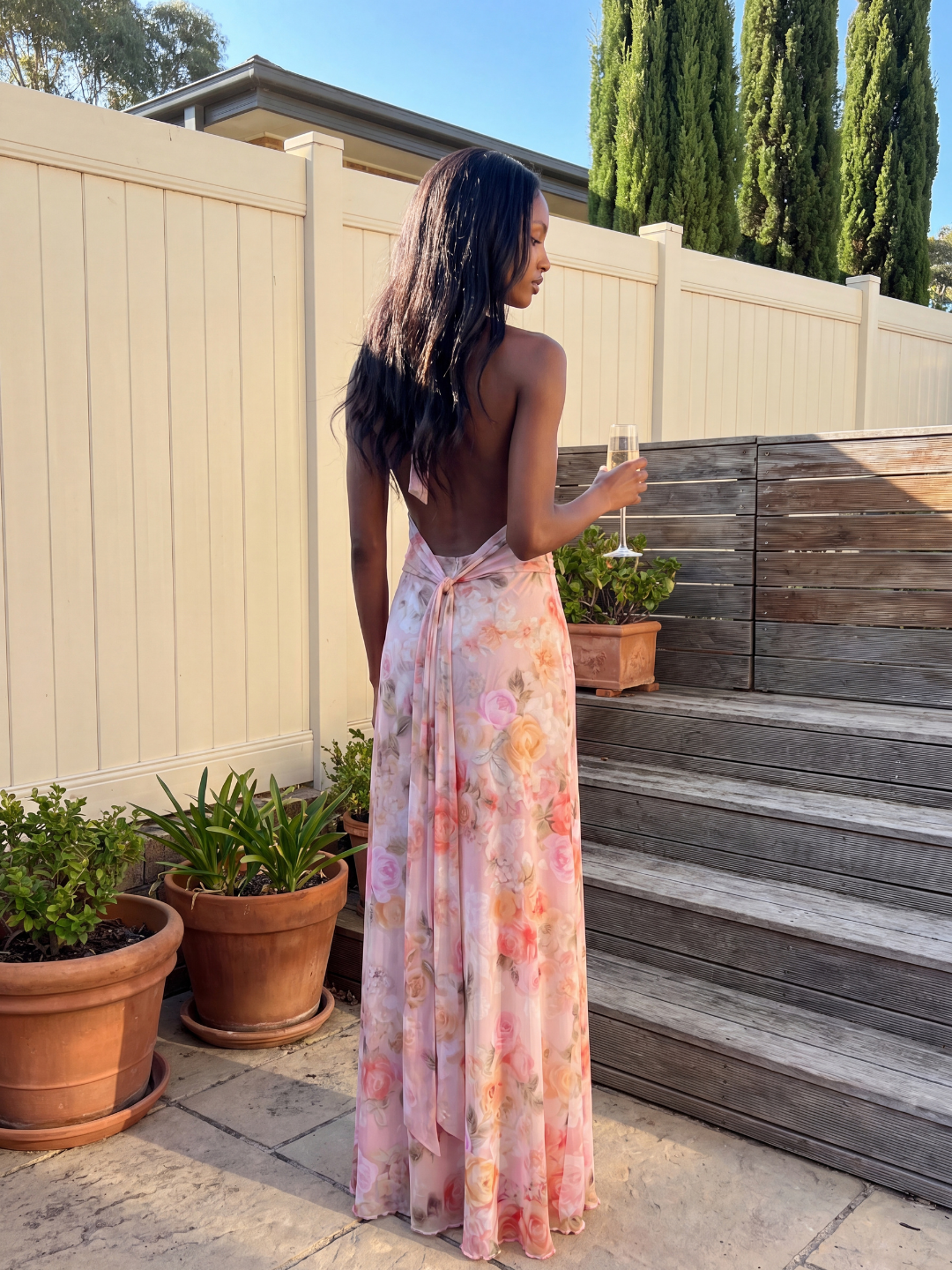 ROSALYNN Women's Floral Deep V-Neck Halter Maxi Dress
