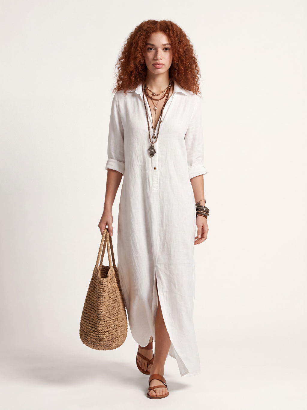 DELLWYN Women's Long-Sleeve Linen Maxi Shirt Dress with Side Slits