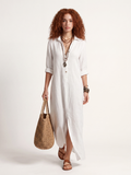 DELLWYN Women's Long-Sleeve Linen Maxi Shirt Dress with Side Slits