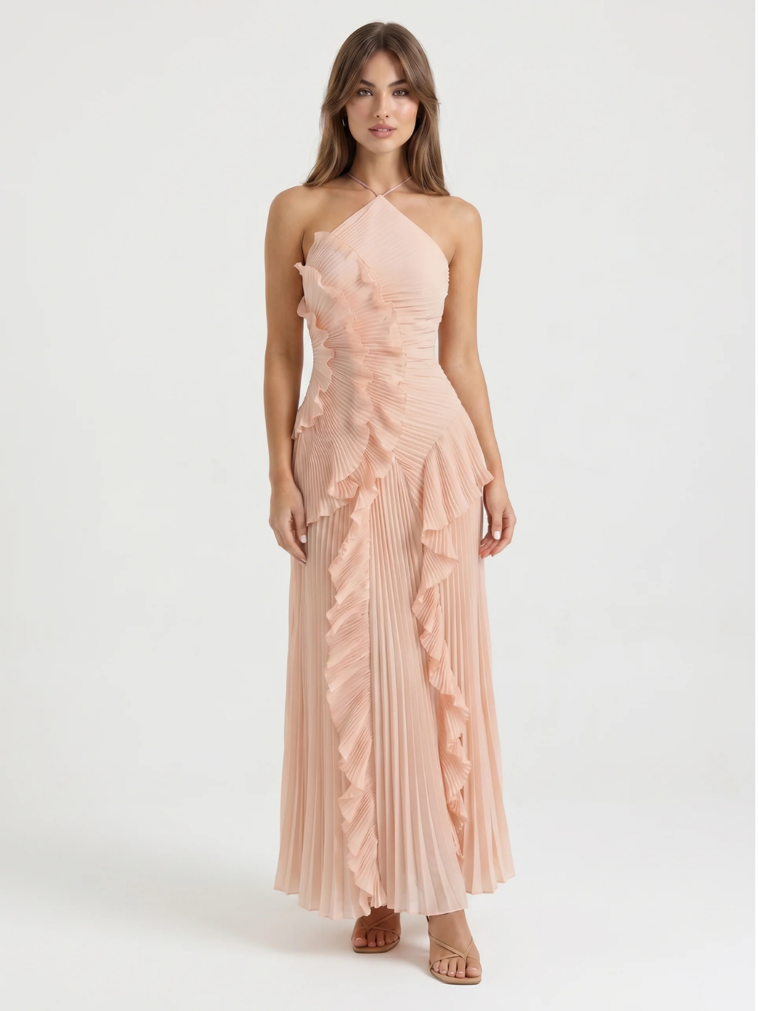 YOLINA Women's Pleated Asymmetric Ruffle Maxi Dress