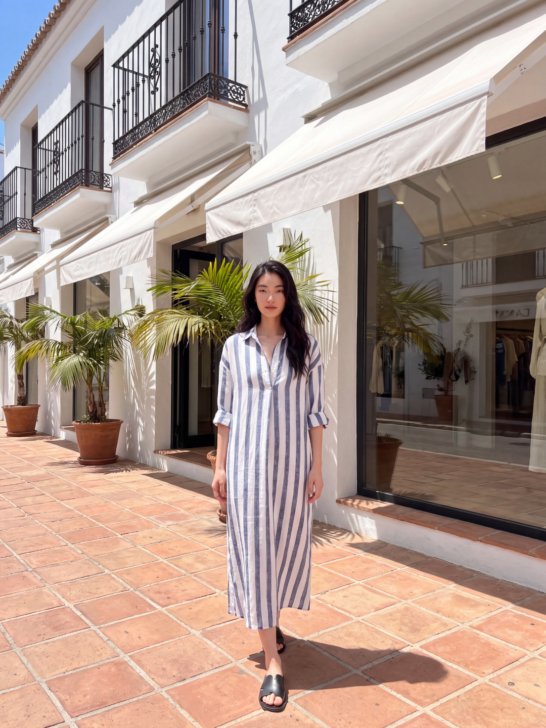 ISMAY Women's Striped Linen Long Shirt Dress