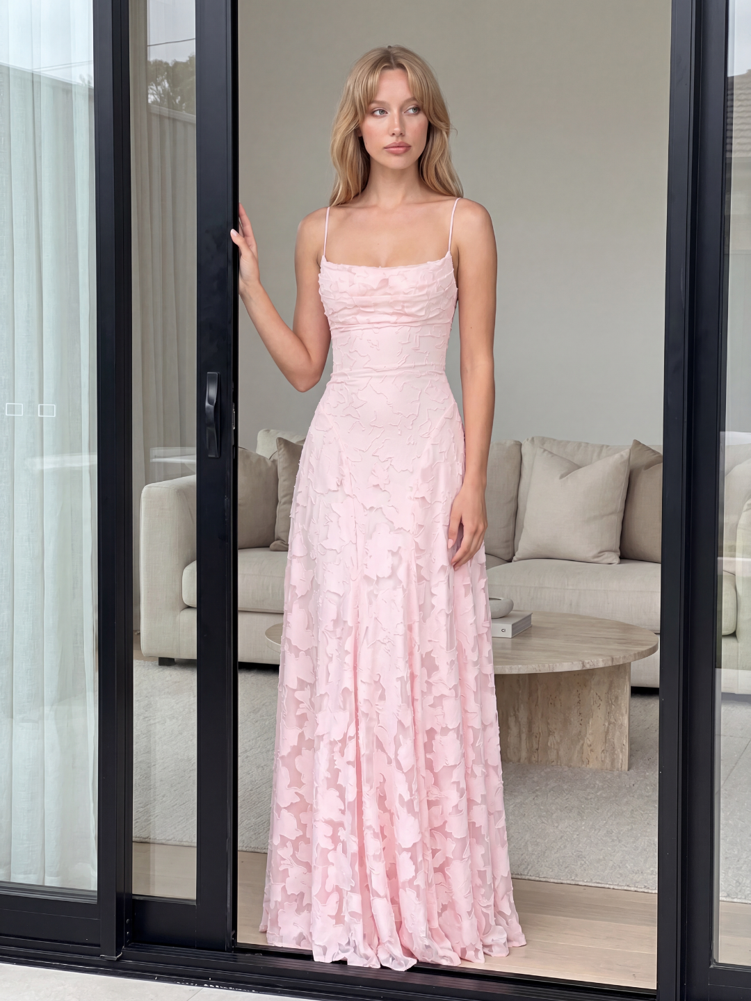 WINTERSET Women's Cowl Neck Butterfly Applique Lace-Up Maxi Dress