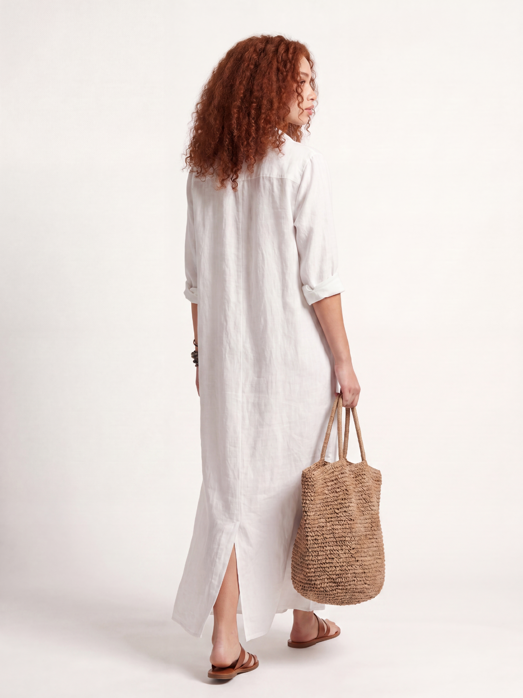 DELLWYN Women's Long-Sleeve Linen Maxi Shirt Dress with Side Slits