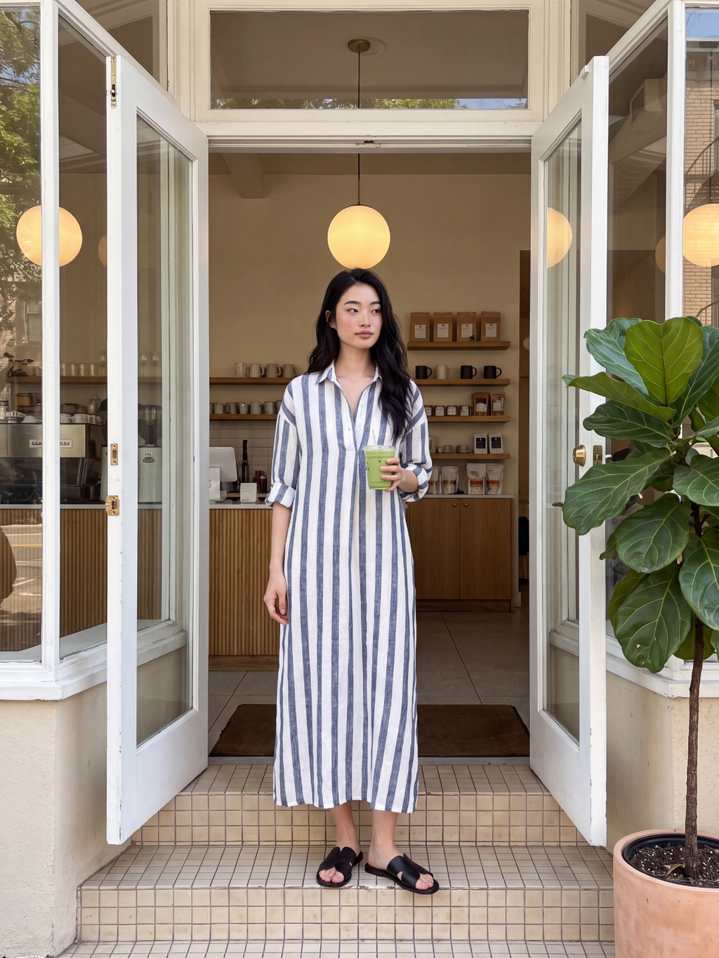 ISMAY Women's Striped Linen Long Shirt Dress