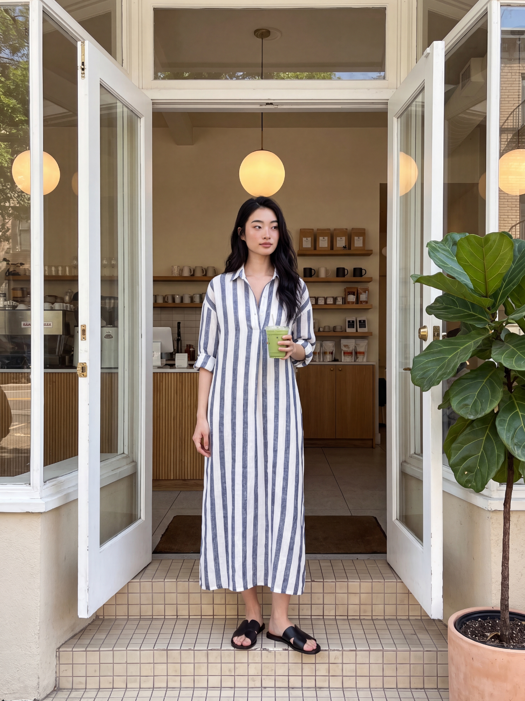 ISMAY Women's Striped Linen Long Shirt Dress