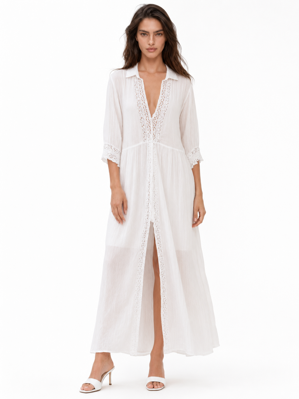 DORIANE Women's Lace Trim Cotton Linen Shirt Midi Dress