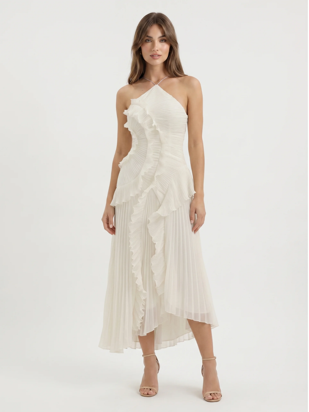 YOLINA Women's Pleated Asymmetric Ruffle Maxi Dress