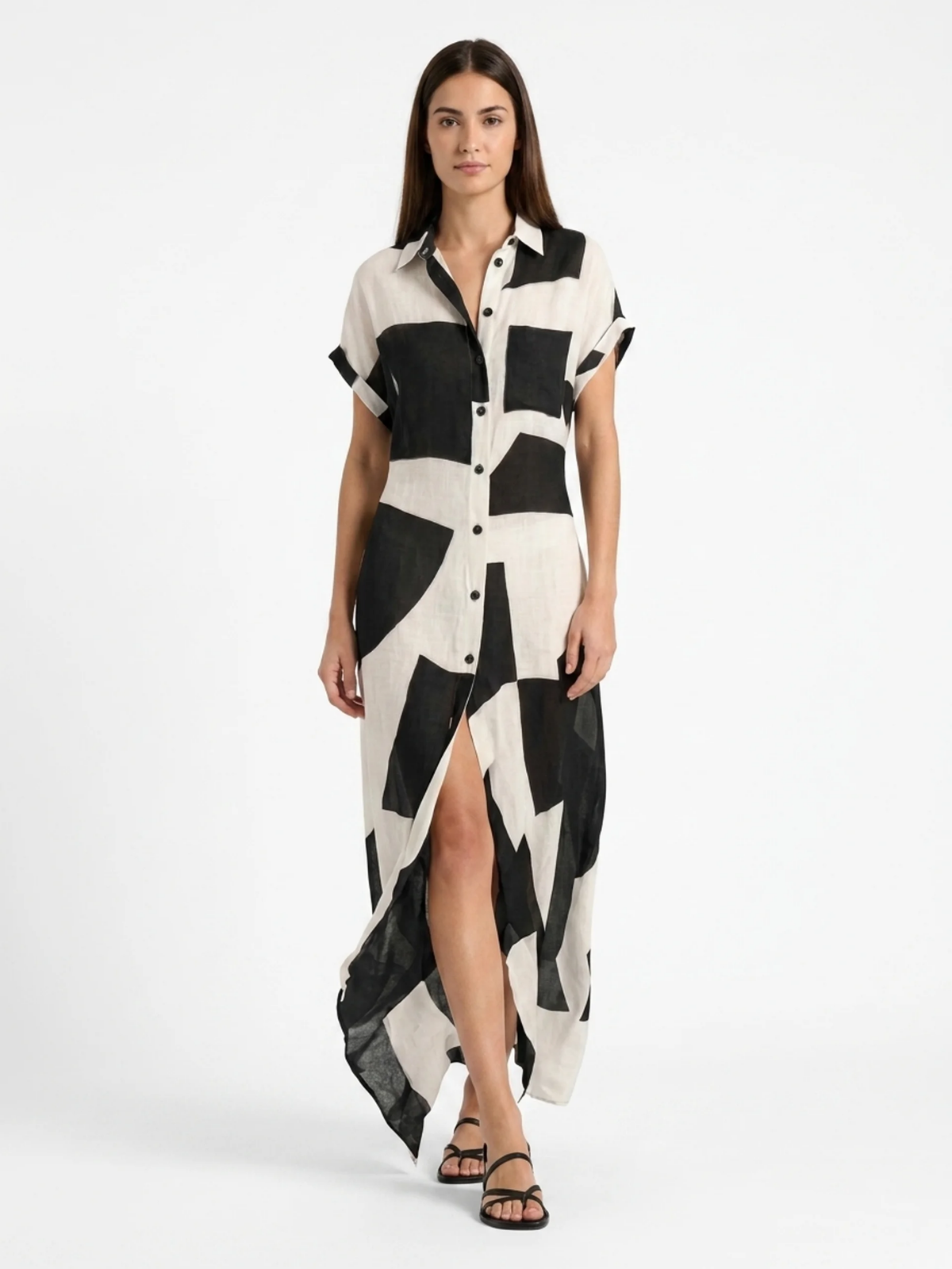 WINTERSAGE Women's Geometric Print Button-Front Maxi Shirt Dress
