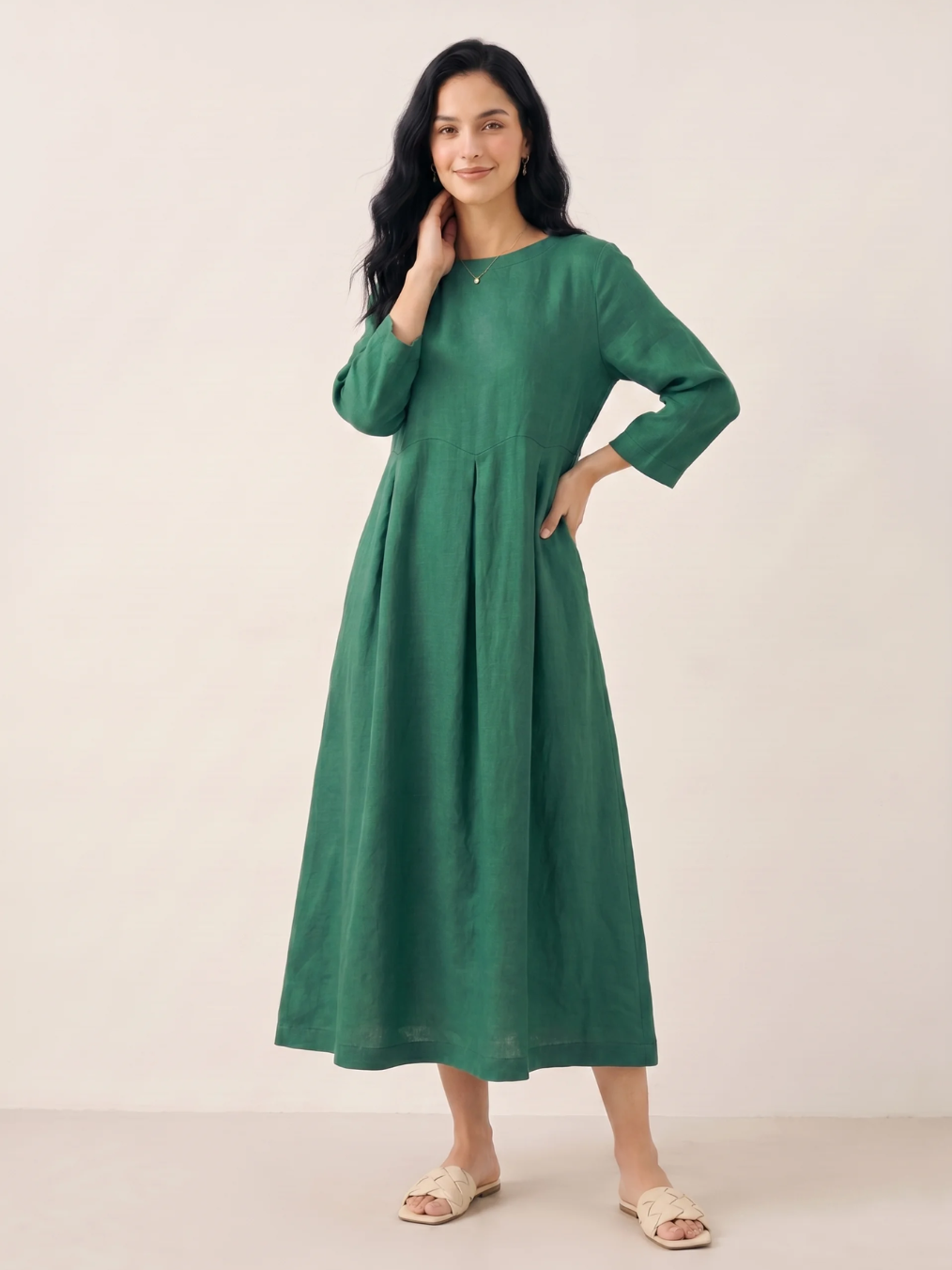 JESSAMYN Women's Long-Sleeve Linen Pleated Maxi Dress with Pockets