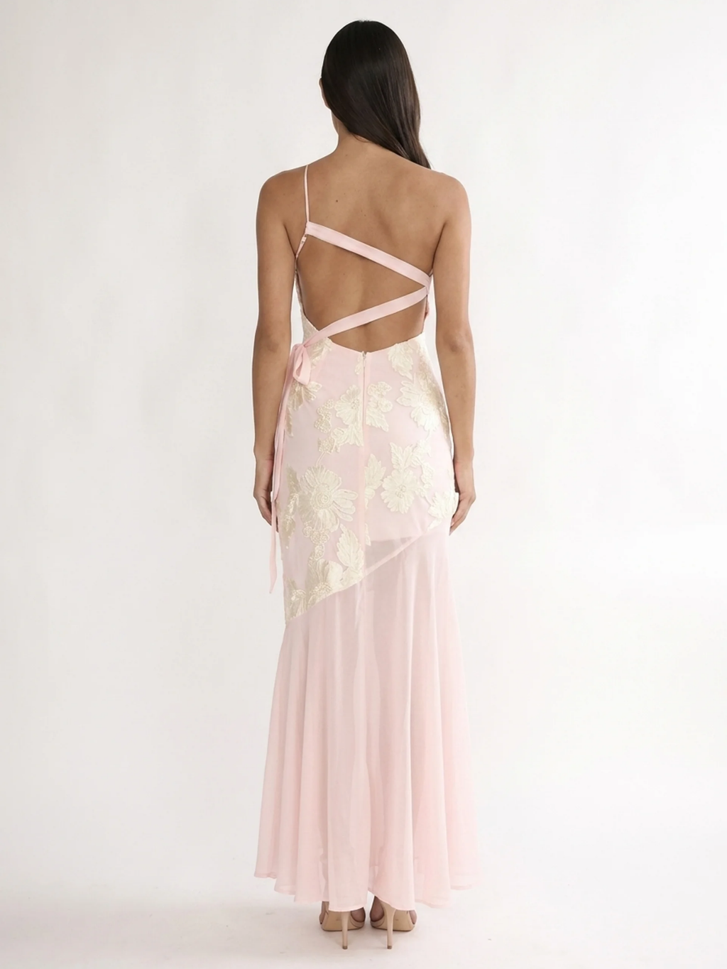 AMBERLYN Women's One-Shoulder Floral Sheer-Hem Maxi Dress