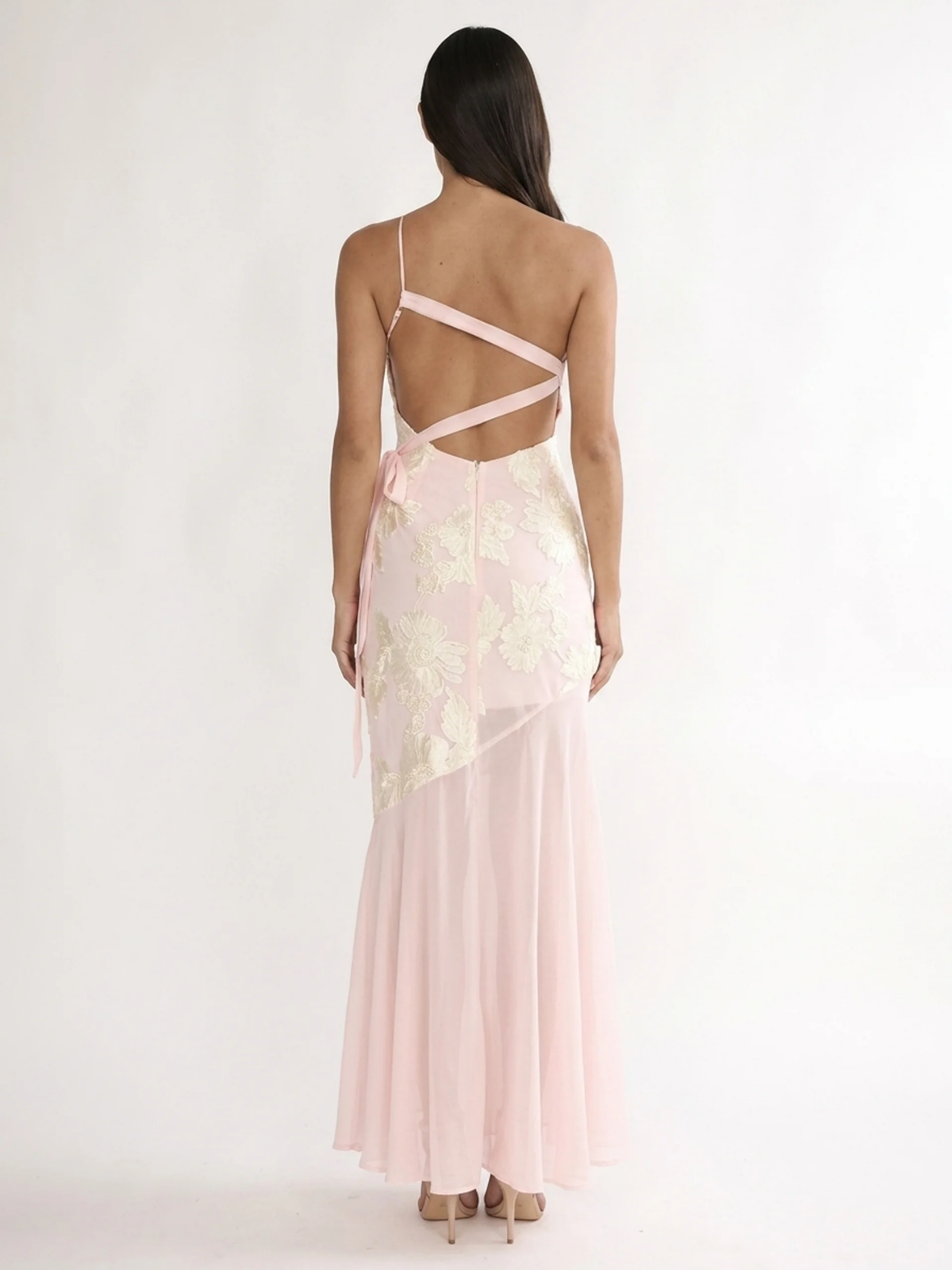AMBERLYN Women's One-Shoulder Floral Sheer-Hem Maxi Dress