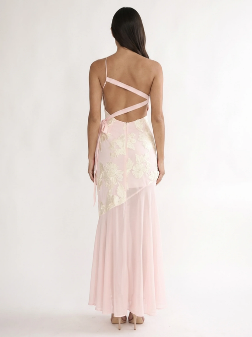 AMBERLYN Women's One-Shoulder Floral Sheer-Hem Maxi Dress