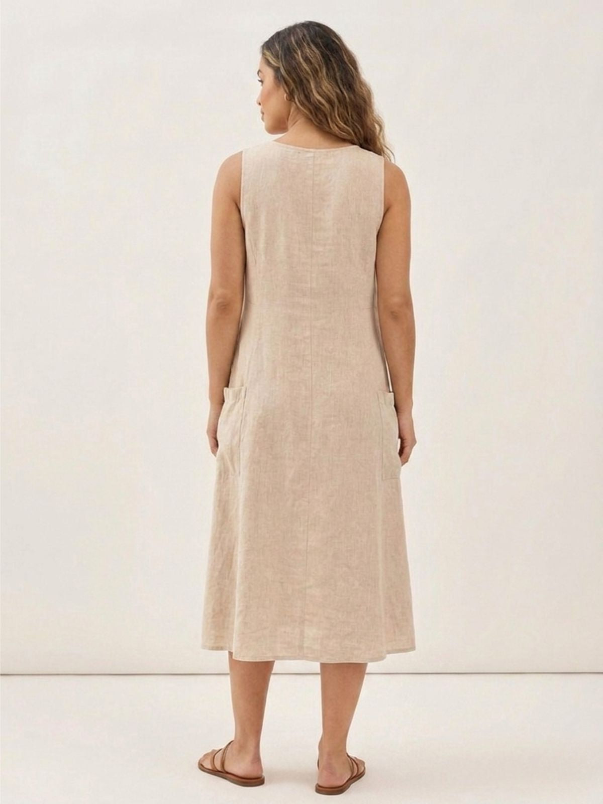 AMABEL Women's Sleeveless Linen Midi Dress with Pockets
