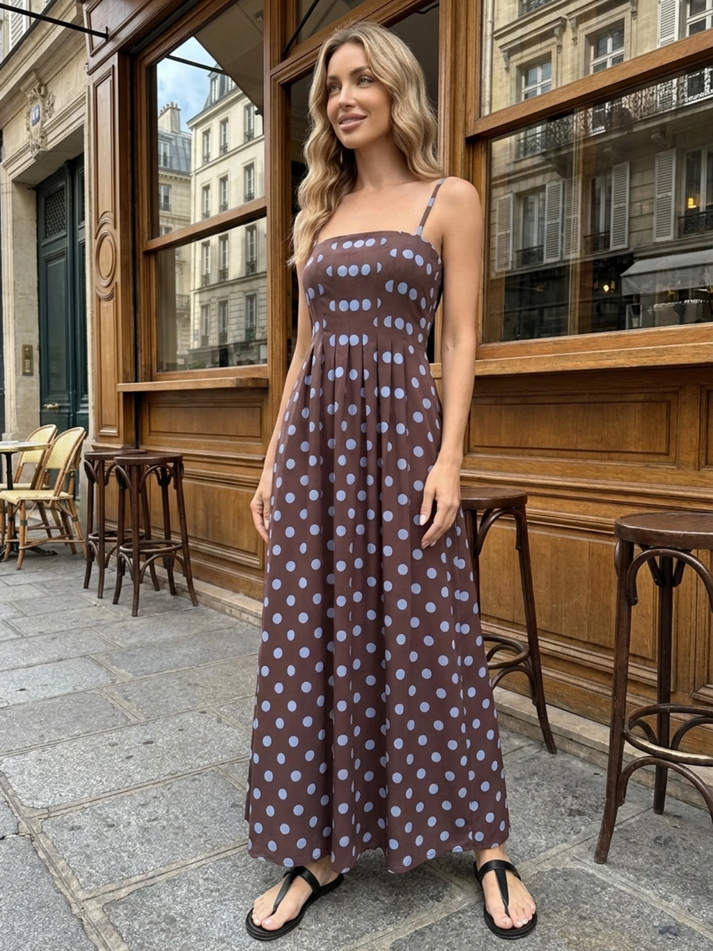 PHILIPPA Women's Polka Dot Pleated Spaghetti Strap Maxi Dress