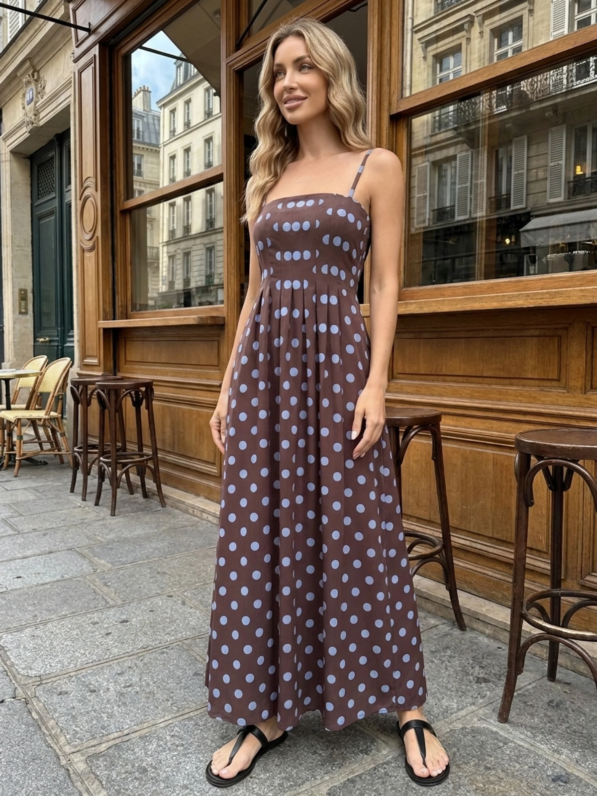 PHILIPPA Women's Polka Dot Pleated Spaghetti Strap Maxi Dress