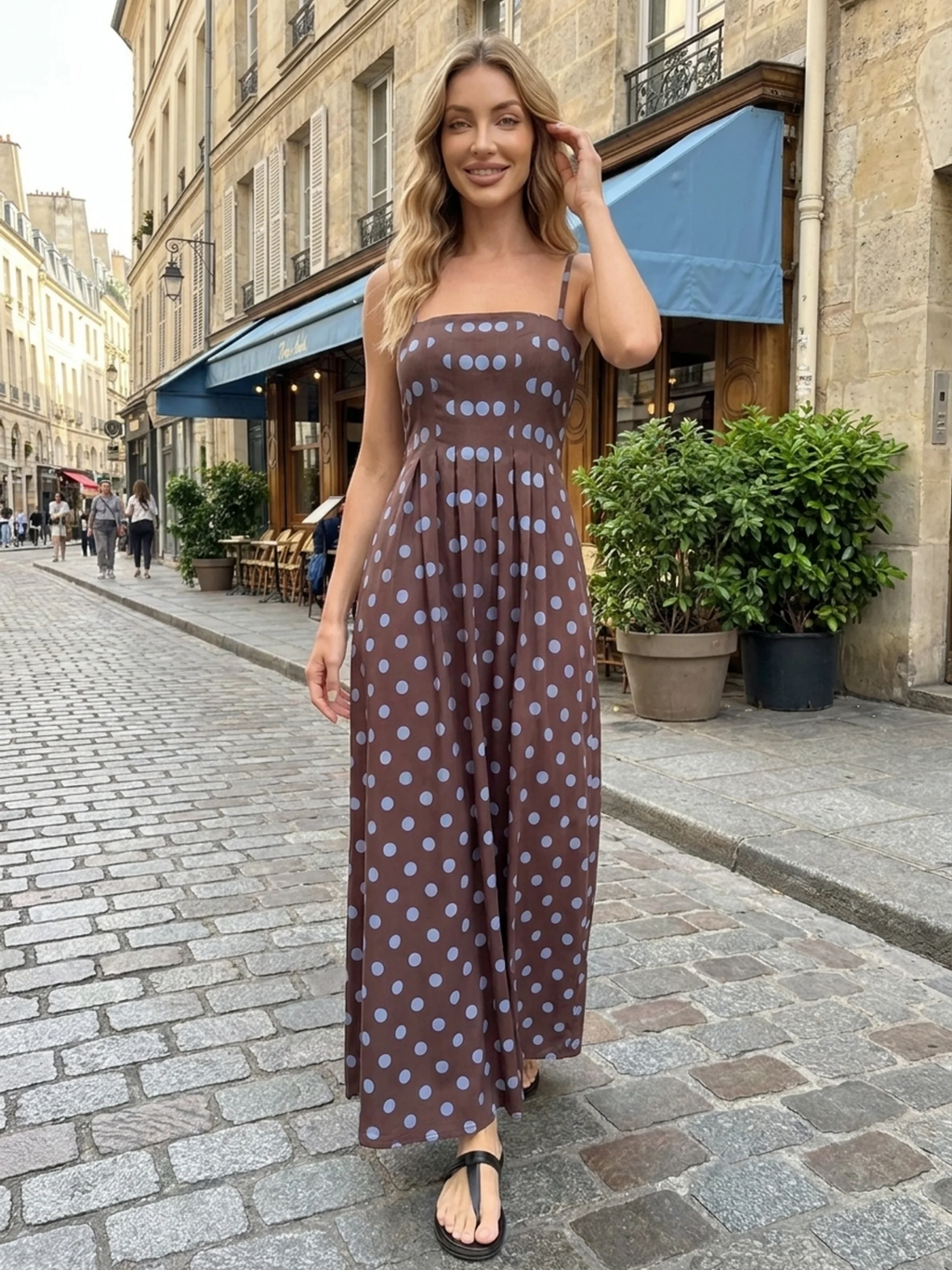 PHILIPPA Women's Polka Dot Pleated Spaghetti Strap Maxi Dress